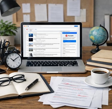 A laptop displaying Reddit on a wooden desk with a notebook, coffee, and desk lamp.