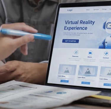 A web designer reviewing a VR services landing page on a laptop screen.