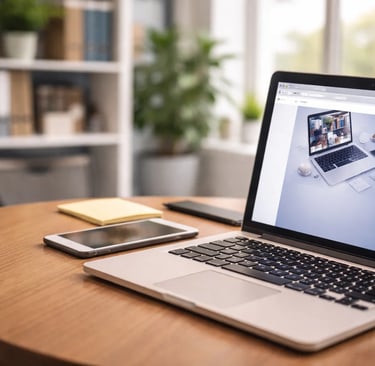 A laptop on a wooden desk with a smartphone and plant, perfect for a modern home office setup.