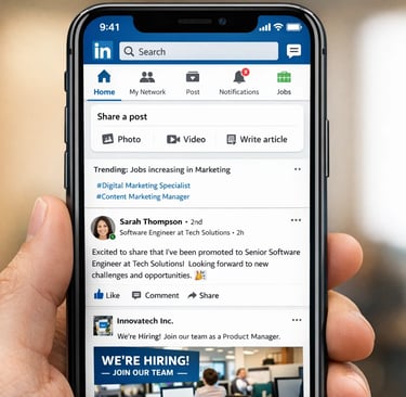 Hand holding a smartphone displaying the LinkedIn mobile app feed with job updates and career posts.