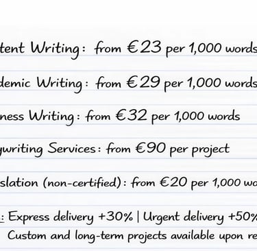 Price list for content writing, academic, business, and translation services per 1,000 words.