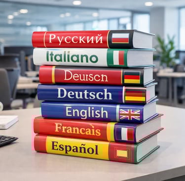 A stack of multilingual dictionaries for language learning on an office desk.
