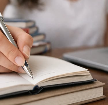 A person writing in a notebook with a silver pen next to a laptop and a stack of books.