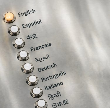 A metal control panel with buttons for selecting languages like English, Spanish, and French.