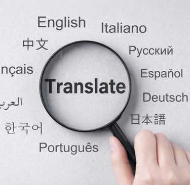 Magnifying glass hovering over the word translate surrounded by various international language names.