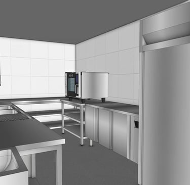 Modélisation 3D d'une zone de plonge et cuisson en cuisine professionnelle