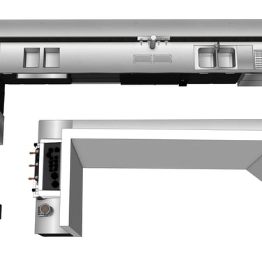Implantation 3D d'un bar lounge avec comptoir de service, zone de préparation et mobilier sur mesure