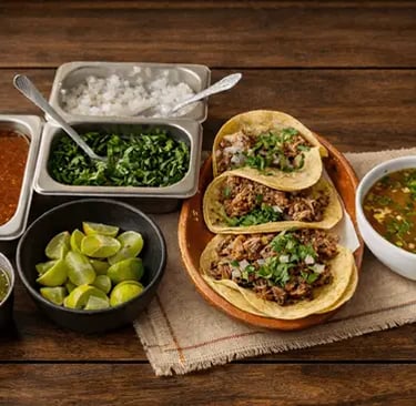 Tacos de barbacoa de res con cilantro, cebolla, limones y consome tradicional en Querétaro.