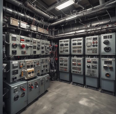 Coiled electric cables and modern lighting equipment arranged neatly in a warehouse