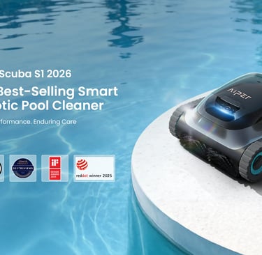 Aiper Scuba S1 2026 smart robotic pool cleaner sits poolside by clear blue water with award logos.