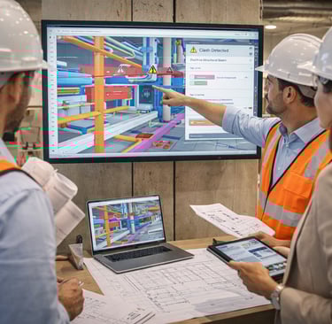 Engenheiros realizando compatibilização de projetos em software BIM com detecção de interferências