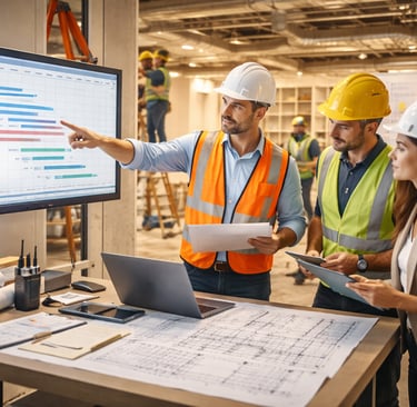 Equipe de engenharia analisando cronograma de obra comercial Fast-Track em ambiente de construção