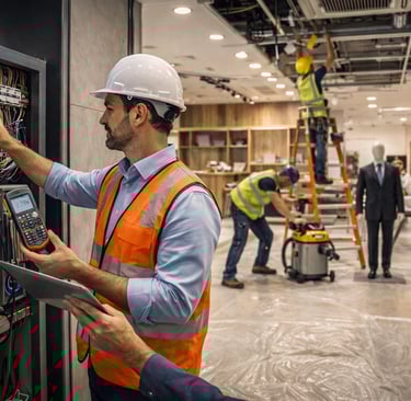 Equipe técnica executando frentes simultâneas de obra e testes de comissionamento em loja pronta par