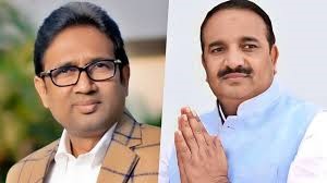 Split screen image of Indian politicians Sanjay Jha and Shaktisinh Gohil posing for portraits.