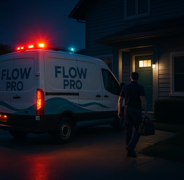 Emergency drain service van parked in front of a residential home in Montreal
