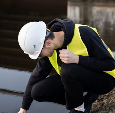 Technician in hard hat and safety vest crouching to inspect stagnant water near a drain
