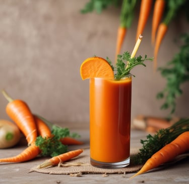 A vibrantly colored fruit smoothie is presented in a uniquely shaped glass, garnished with a slice of lemon, an orange, and a strawberry on a wooden table. The blurred background suggests a lively social setting.