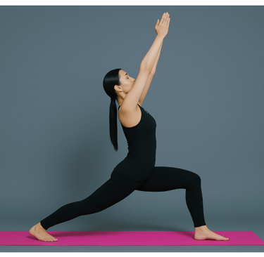 a woman in a black top and leggings and a pink yoga mat