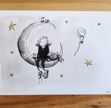 a drawing of a cat and a girl sitting on a crescent moon