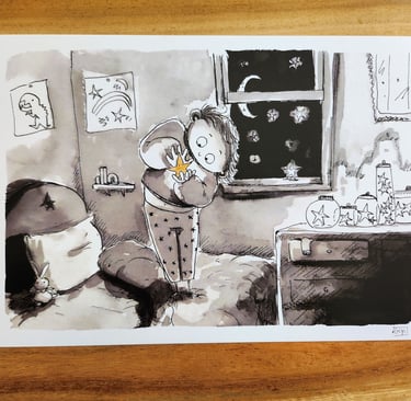 a drawing of a boy catching a star