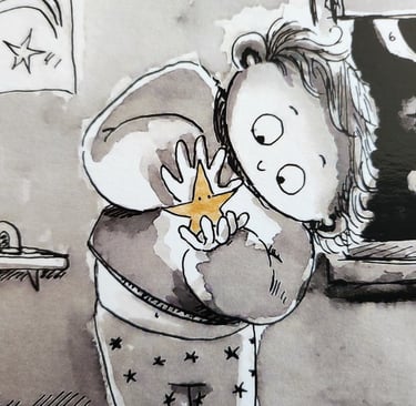 a drawing of a boy catching a star