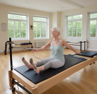 A person is performing a balance exercise in a gym setting. They are dressed in athletic wear, standing on a Bosu ball while holding a weight plate. The environment includes gym equipment and motivational wall text.