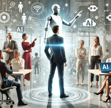 Jovem lĂder escutando ideias da equipe em ambiente digital