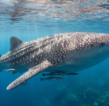 Maior tubarão do mundo nadando em águas cristalinas do oceano tropical