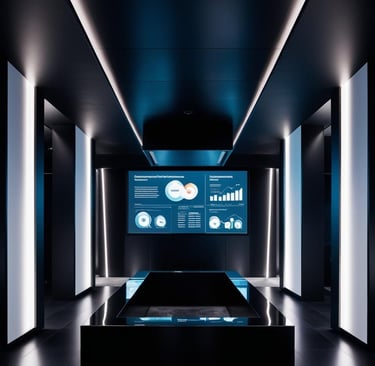 Digital analytics dashboard in modern office corridor representing board effectiveness metrics