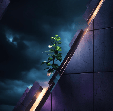 Green plant growing through cracked concrete against stormy sky, symbolizing corporate resilience
