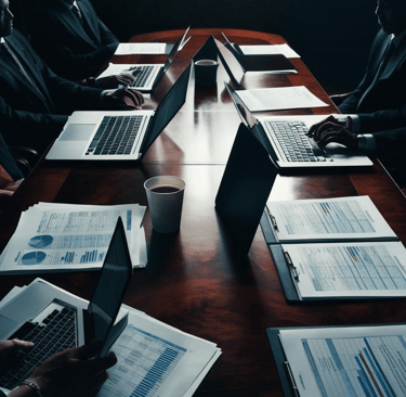 Corporate executives at boardroom table with laptops and reports, enhancing governance capability
