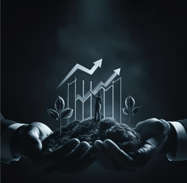 Hands holding soil with business growth charts and seedlings, representing sustainable strategy