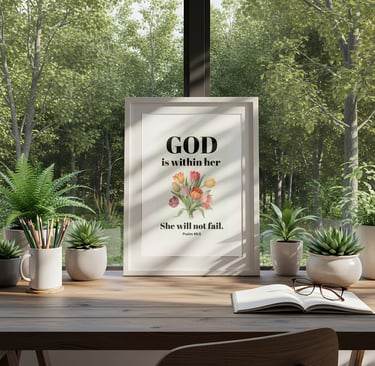 Framed Christian wall art with Psalm 46:5 verse on a wooden desk surrounded by indoor plants and a forest view.