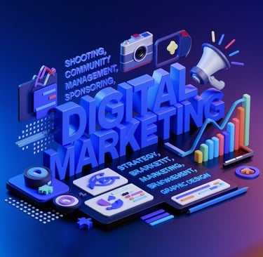 الصورة تُظهر لمحة احترافية من عالم التسويق الرقمي، حيث تتداخل العناصر البصرية مثل الرسوم البيانية، و