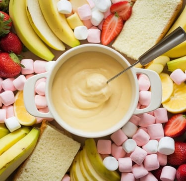 lemon fondue with bananas, marshmallows, strawberries and other fruits