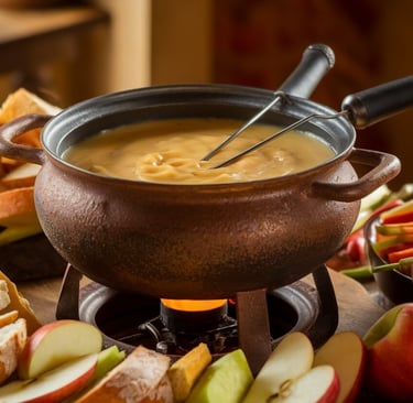 cider and cheese fondue with apple and bread as dippers