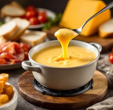 fondue pot with aged cheddar fondue and bread