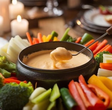 cheesy fondue with a vegetable assortment