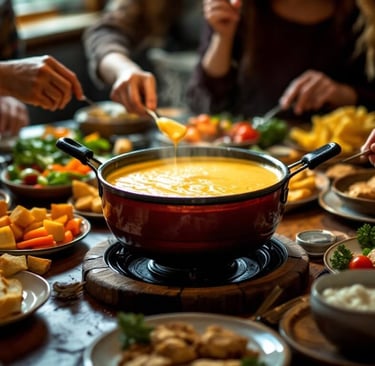 several people enjoying a pot of chicken fondue and assorted dippers