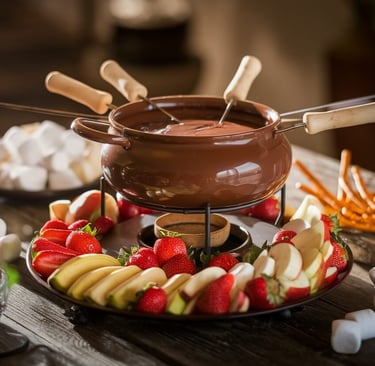 chocolate fondue marshmallows strawberries and apples
