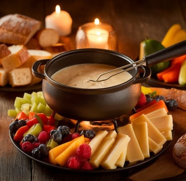 3 cheese fondue in a pot with fruit and cheese on a plate