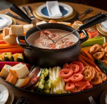 creamy Crab fondue in a pot surrounded by shrimp and various dippers