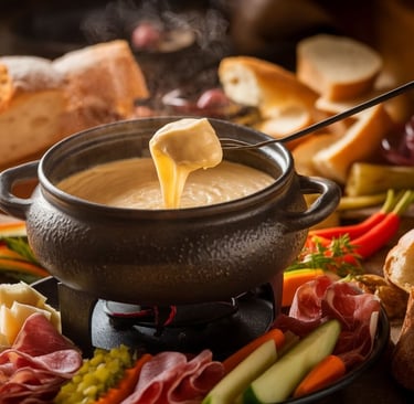creamy Parmesan fondue with cold cuts and bread