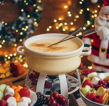 Christmas setting with a pot of eggnog fondue and dippers