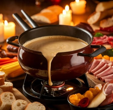 wine and cheese fondue sauce with cold cuts and bread