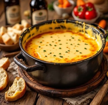 Irish Stout Fondue with bottles of Irish Stout and bread