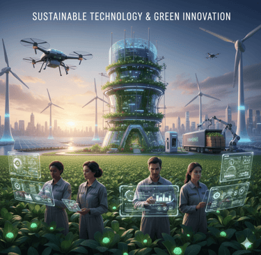 a group of people interacting with green sustainable technology
