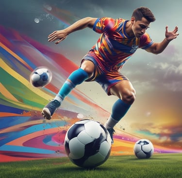 un joueur de football, joue au ballon avec la jambe, et en arrière de lui un design multicolores, l'