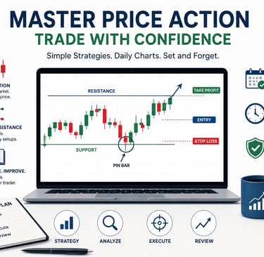 Price action trading course infographic showing candlestick charts on a laptop with support and resistance levels.