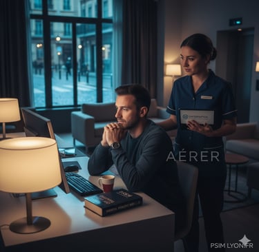 "Illustration de la formation PSSM d'OAFormation à Lyon : une professionnelle accompagne un veilleur de nuit solitaire, souli
